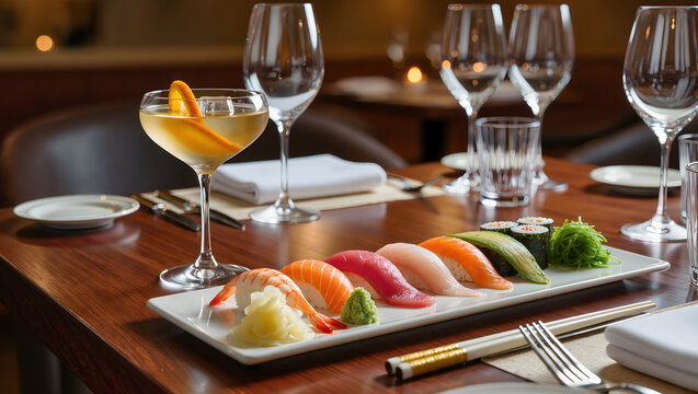 Cocktail served with sushi platter, luxury dining scene.