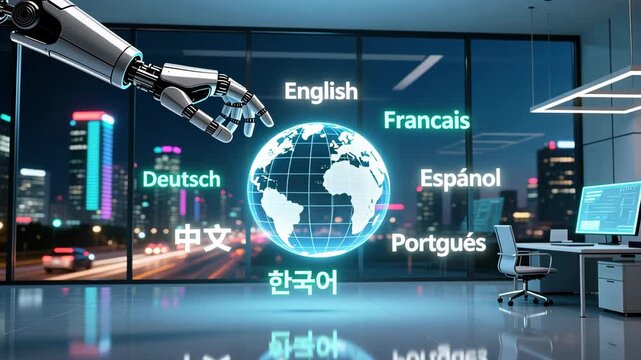 Robotic hand projecting holographic globe with glowing multiple languages text, ai translation, language technology