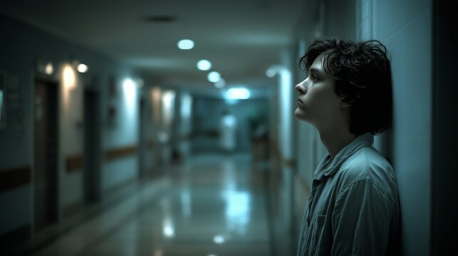 Young man leaning against a wall in a dark, empty psychiatric ward corridor, looking up with anxiety. Mental health and hospital concept.