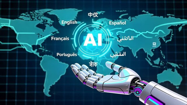 Robotic hand holding glowing holographic ai text with multiple languages text, ai translation, language technology