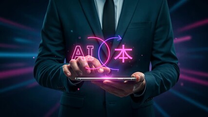 Professional man holding smartphone with holographic ai symbols linking world chinese text, ai translation, language technology - Powered by Adobe