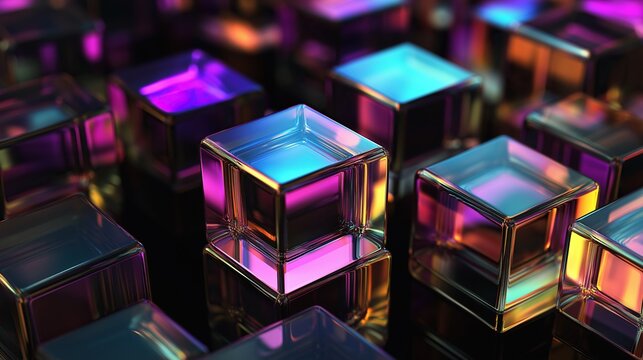 Multiple glass cubes with colorful reflections on a black background in a close up view, creating a modern and futuristic atmosphere for design projects.