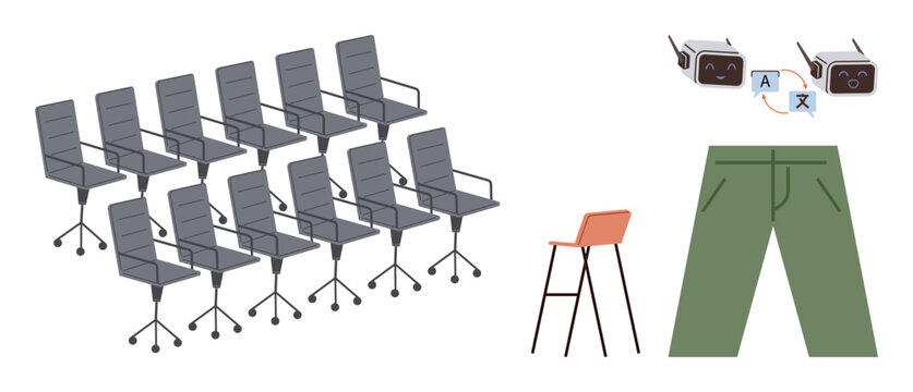 Modern office chairs in rows, a bar stool, VR glasses, and green pants symbolizing creativity, technology, and casual dynamics. Ideal for office life, innovation, conferences virtual reality