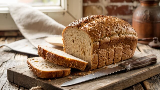 Fresh multigrain bread with pumpkin and sunflower seeds on parchment over rustic wood — sliced loaf beside serrated knife, blueberries, and herbs in warm light for editorial use, culinary branding, an
