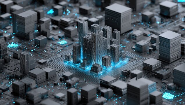 Abstract cityscape, illuminated with blue light, representing data, technology, and interconnection