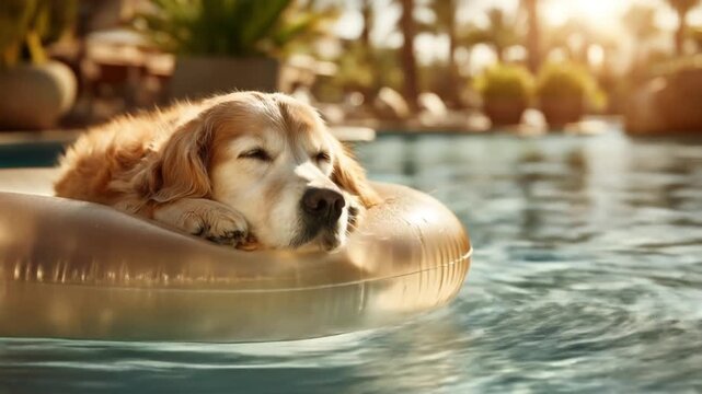 Golden retriever lounging on a floatie in a sunlit pool, serene, content, warm breeze softly nearby