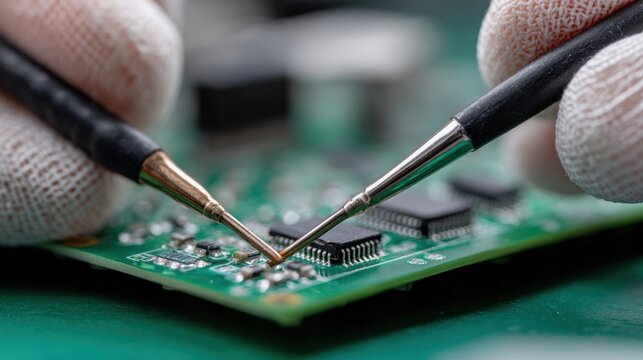 electronics repair technician focused on meticulous circuit board testing — macro style for quality control, engineering maintenance, and microelectronics education, showcasing precision probes and