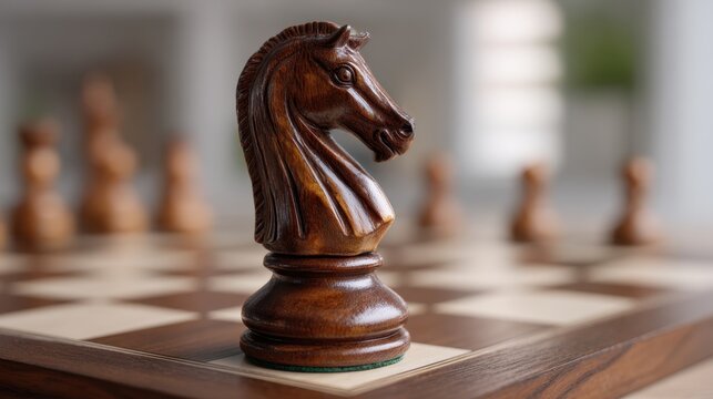 Chess Strategy — Wooden Knight Close-Up, Calm Focus, Minimalist Studio Style — Concept for Planning, Leadership, Decision Making, Competitive Mindset, Business Metaphor, Precision