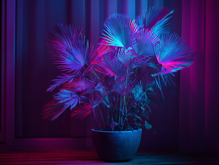 Vibrant palm leaves illuminated in pink and blue light create a stunning indoor display at night