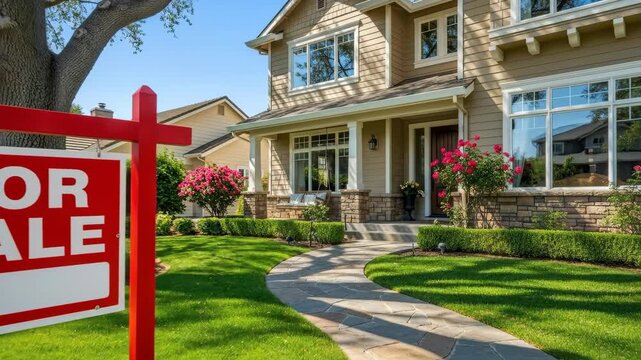 Charming suburban house for sale with lush garden and inviting pathway in sunny neighborhood