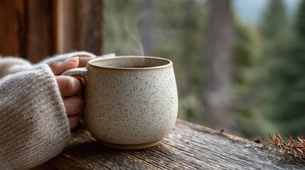 Cozy Winter Coffee in Rustic Cabin – Warm hands holding a steaming ceramic mug on a wooden window ledge, calm lifestyle scene for wellness, hygge, relaxation, slow living and travel