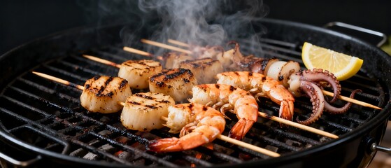 Delicious seafood skewers cooking on a hot grill with smoke.