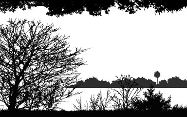 silhouette nature landscape tree vector black white background bush plant forest scene horizon