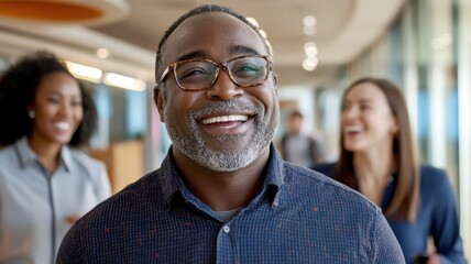 Diverse colleagues walking and conversing in an open office corridor