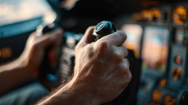 Pilot cockpit controls — focused hands gripping yoke, closeup cinematic style — professional aviation training and safety concept for commercial aircraft technology and