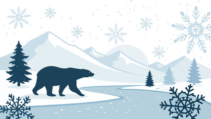 Majestic bear silhouette walking through snowy winter landscape with snowflakes falling gently from the sky