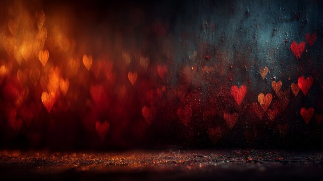 Floating red hearts shimmer in a dark, moody atmosphere, symbolizing love, passion, and emotional intensity. The image conveys romance, drama, and striking contrast.