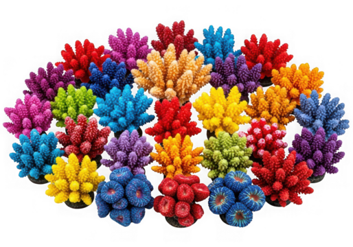 A vibrant diverse collection of artificial coral decorations in various, isolated on transparent background