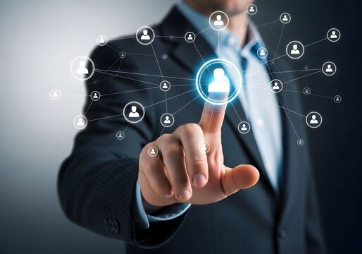 A businessman touching a glowing avatar icon connected to a network of other avatar icons online