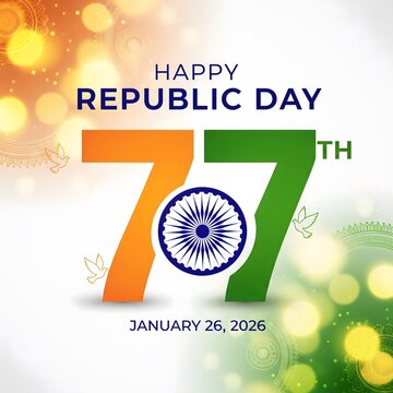 Happy 77th republic day india celebration with ashoka chakra and tricolor