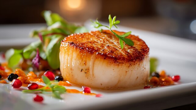 Gourmet seared scallop with fresh greens and pomegranate seeds. - Powered by Adobe