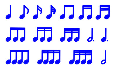味のある手書き音符のシンプルなデザインのアイコンセット_青