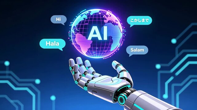 Robotic hand reaching toward glowing ai sphere and multiple languages showing ai translation, language technology