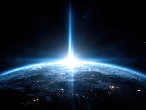 Earth's radiant horizon, sunrise, blue light beam shooting into deep space