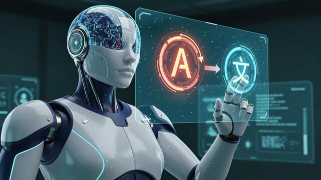 Humanoid robot interacting with holographic translation icons, ai translation, language technology