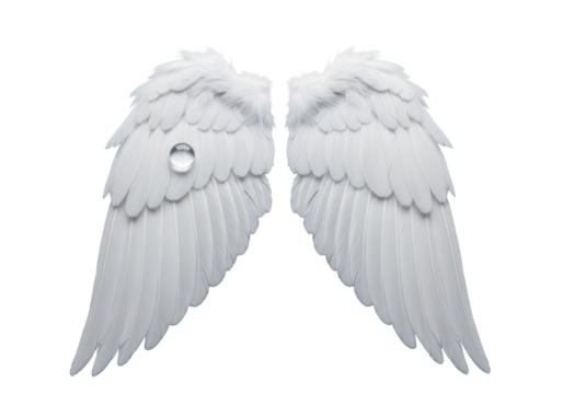 Majestic transparent feathered wings, symmetrically spread, intricate details, glistening water droplet, isolated on transparent background under studio light, concept of pristine ethereal beauty