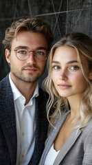 A young man with glasses and a woman dressed in business attire stand together, looking confidently at the camera.