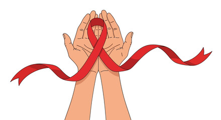 Hands holding a red ribbon symbol for aids awareness isolated on