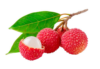 lychee fruits with leaves isolated on transparent background.