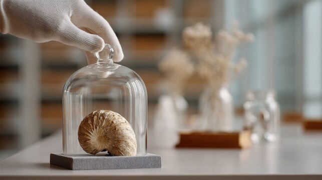 Fossil Conservation Museum curator gently securing ammonite under glass cloche &mdash; calm precision, clean minimal style &mdash; scientific curation display for education, preservation, and natural history