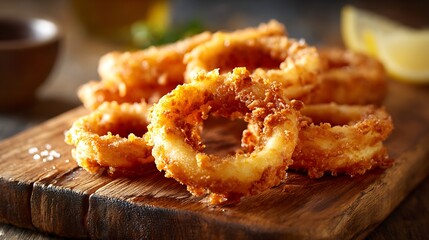 Crispy golden fried onion rings piled high on a wooden board.