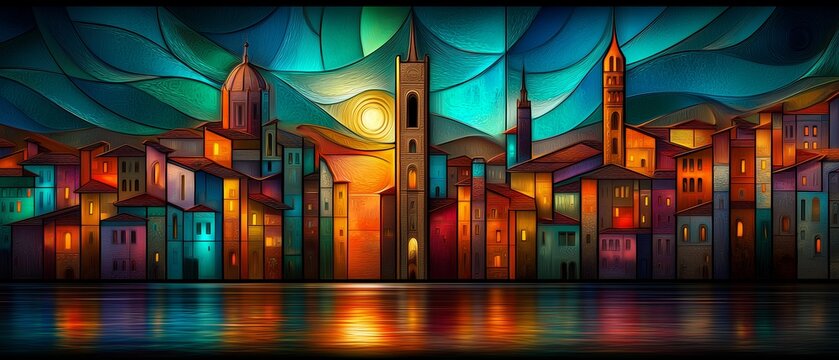 A vibrant stained glass Verona city skyline glows with warm colors, reflecting on calm water below. The image conveys urban energy, creativity, and artistic flair.