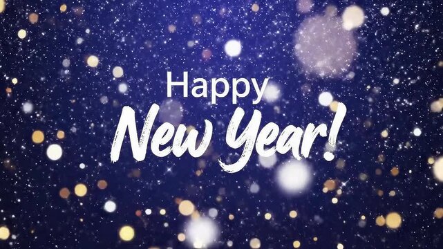 Happy New Year greeting card animation with realistic falling snowflakes and bright golden bokeh orbs floating around white text on a cold blue backdrop suitable for party screens