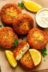Delicious golden brown crab cakes with lemon and dipping sauce.