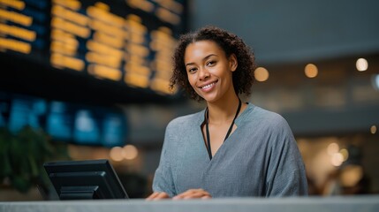 A bright airport information desk staffed by a friendly attendant answering traveler questions while digital flight boards glow overhead — modern travel assistance, global navigation support, and