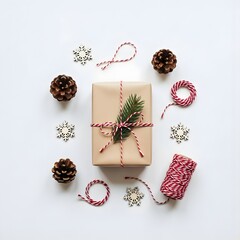 Obraz premium Minimal Christmas Flat Lay with Wrapped Gift, Pinecones and Twine on White Background