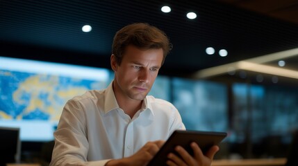 A diplomat analyzing real-time crisis updates on a tablet inside an international emergency coordination center, surrounded by large digital maps and alerts — geopolitical crisis management, rapid