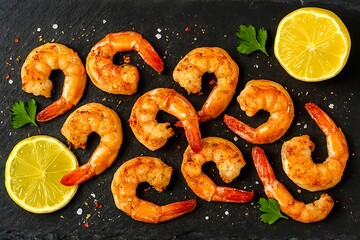 Cooked shrimp and lemon slices on dark background.