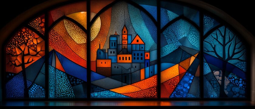 A colorful stained glass window depicts a castle under a starry sky, blending artistry, fantasy, and architectural beauty. The image captures craftsmanship, warmth, and whimsical charm.