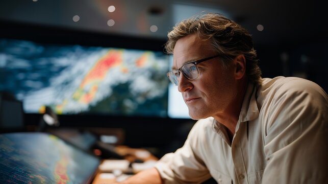 A meteorologist analyzing severe weather alert data on an enormous interactive map with storm paths highlighted in red — climate monitoring, emergency forecasting workflow, and public safety