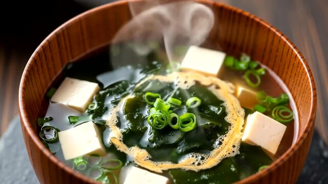 A steaming bowl of miso soup with seaweed and tofu, garnished with green onions on a wooden table