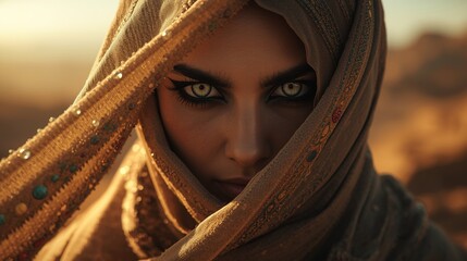 Mysterious Veiled Traveler with Intense Gaze Amid Desert Sands