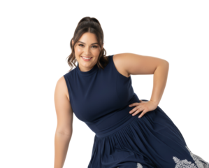 Portrait of smiling woman in blue dress with flowing skirt in confident pose on isolated