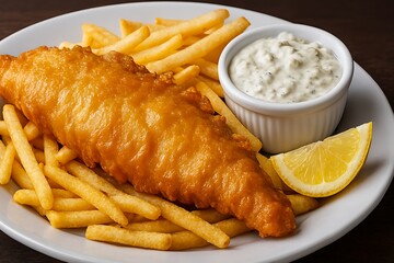 Golden battered fish and chips with tartar sauce and lemon.