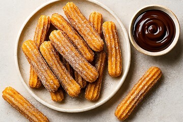 Delicious churros with chocolate sauce on a white plate overhead view.