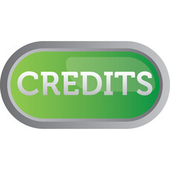 Oval Shaped Green Button With The Word CREDITS In White Text And A Silver Border On A Transparent Background Symbolizing Approval Or Recognition